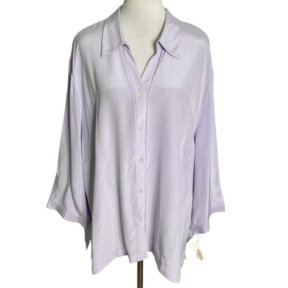 Vintage NWT Talbots Silk Stretch Lilac Button Up Blouse Top Luxury 24W